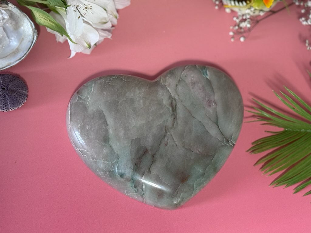 Heart's Desire Garnierite, large heart carving, green moonstone