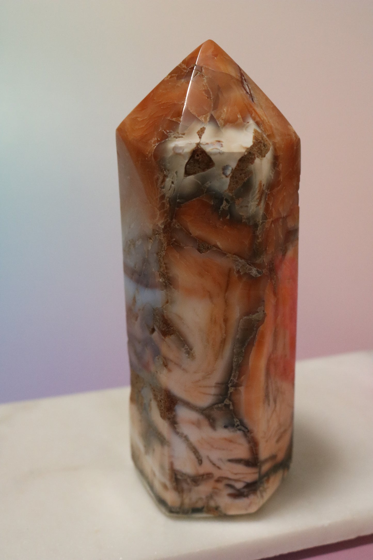 Opalized Carnelian Moss Agate Tower, XL