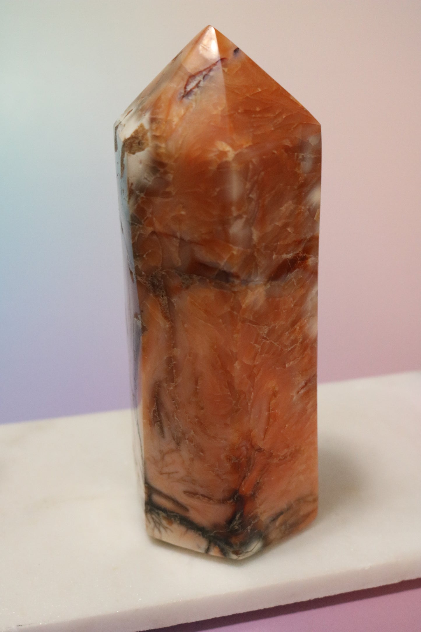 Opalized Carnelian Moss Agate Tower, XL