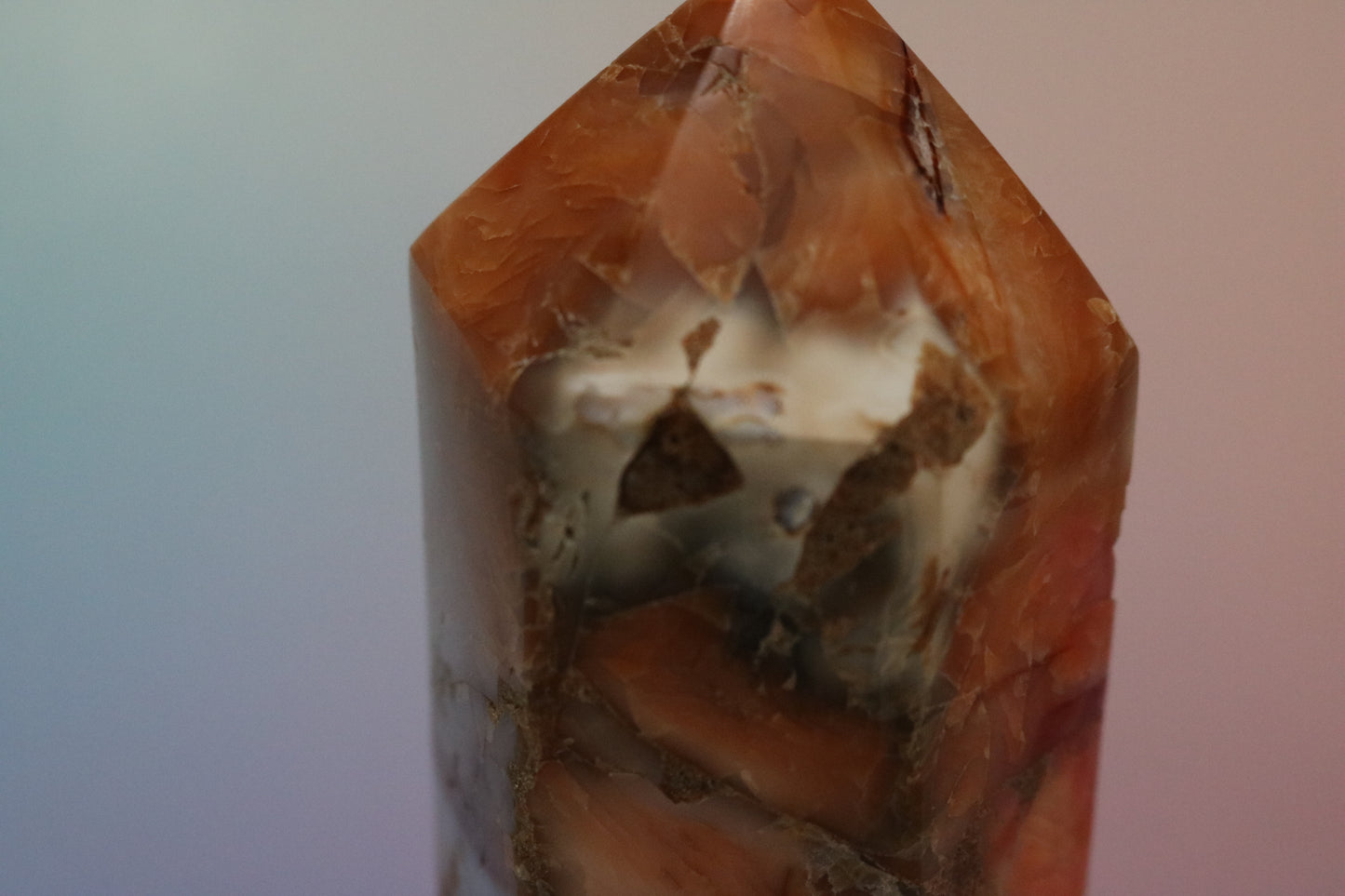 Opalized Carnelian Moss Agate Tower, XL