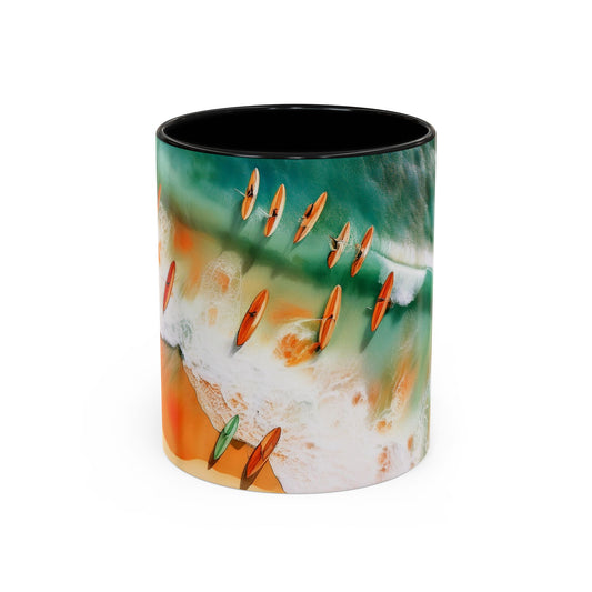 Surfs Up, Surfers on Beach Accent Coffee Mug: Tropical Vibes, Beach Lover Gift, Summer Decor, Eco-Friendly, 11 & 15oz
