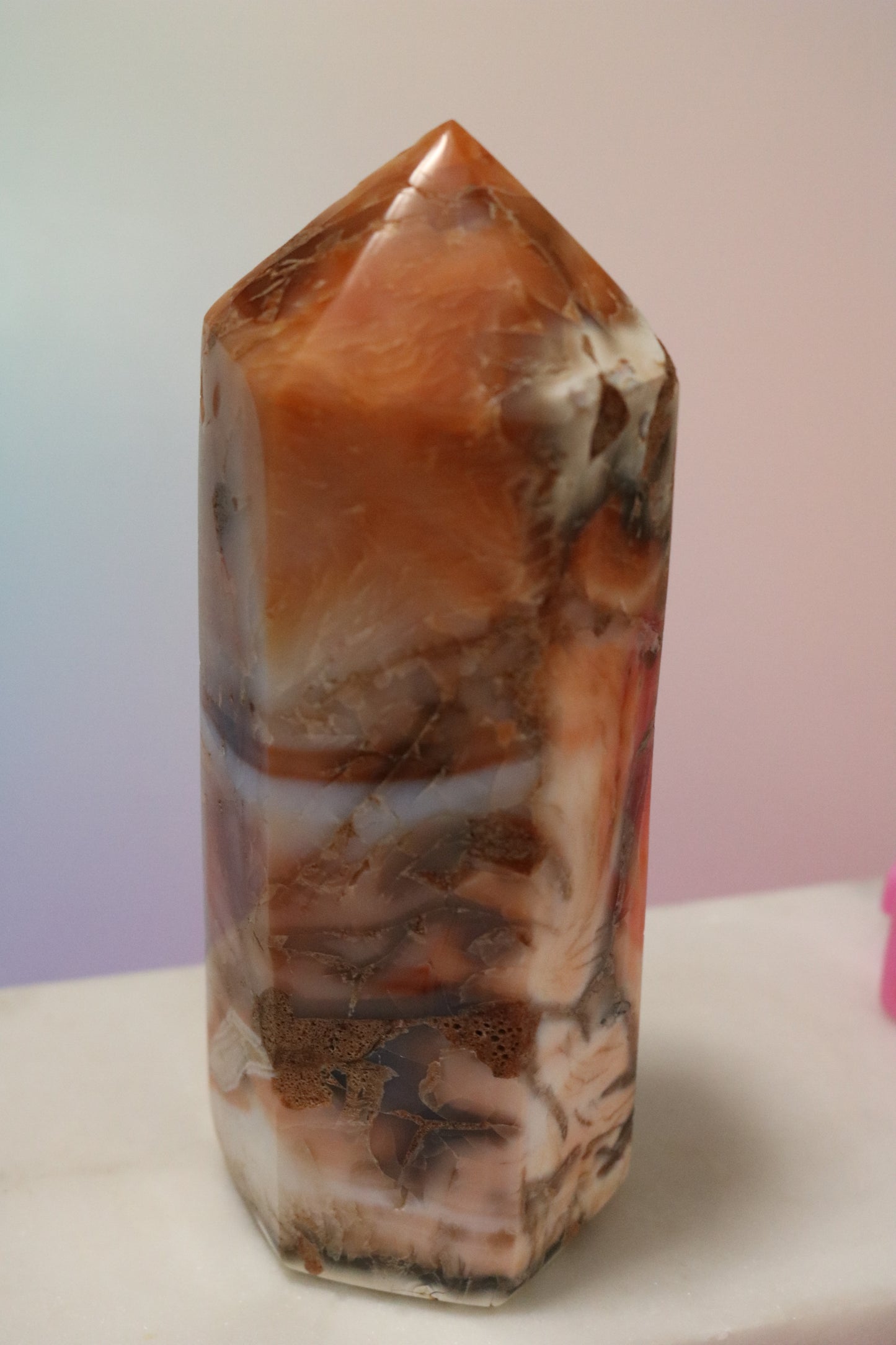 Opalized Carnelian Moss Agate Tower, XL