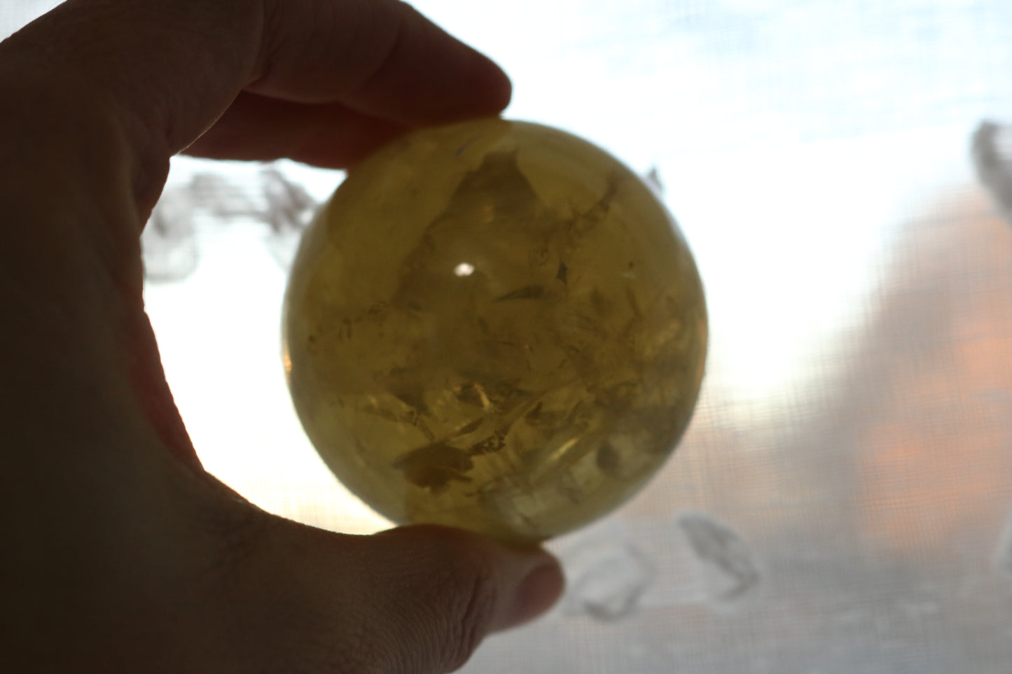 Lemon Quartz Sphere, medium sized quartz sphere, yellow, rainbows