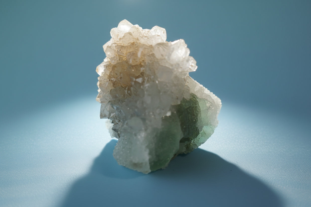 Sugar Cube Fluorite, sea foam fluorite, calcite dusting, with bi-color calcite liberty spikes
