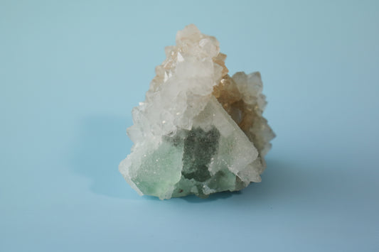Sugar Cube Fluorite, sea foam fluorite, calcite dusting, with bi-color calcite liberty spikes