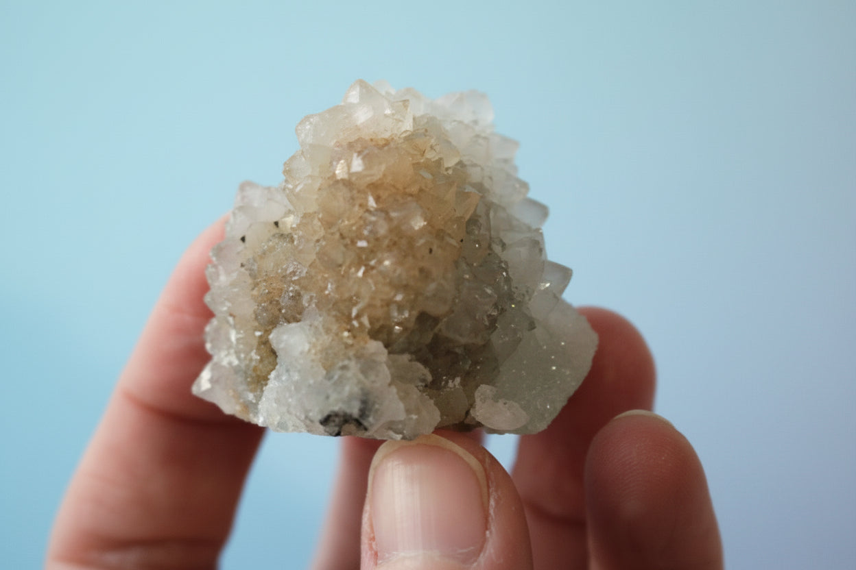 Sugar Cube Fluorite, sea foam fluorite, calcite dusting, with bi-color calcite liberty spikes