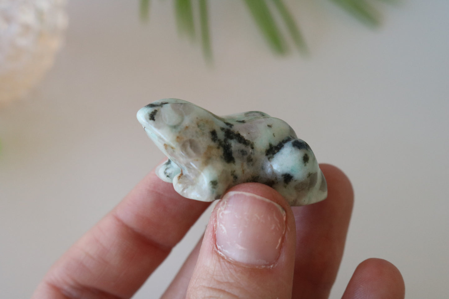 KIWI JASPER, Carved Frog, mini crystal carving